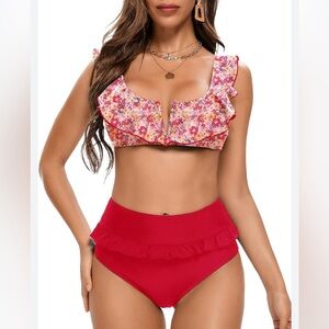 WILD FLARE RED FLOWERS BIKINI SET SWIM HIGH RISE SIZE M TB02